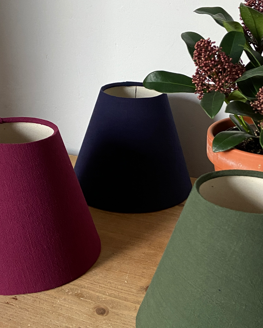Three handmade premium lampshades from the Matilda collection. Navy, green and burgundy colourways.