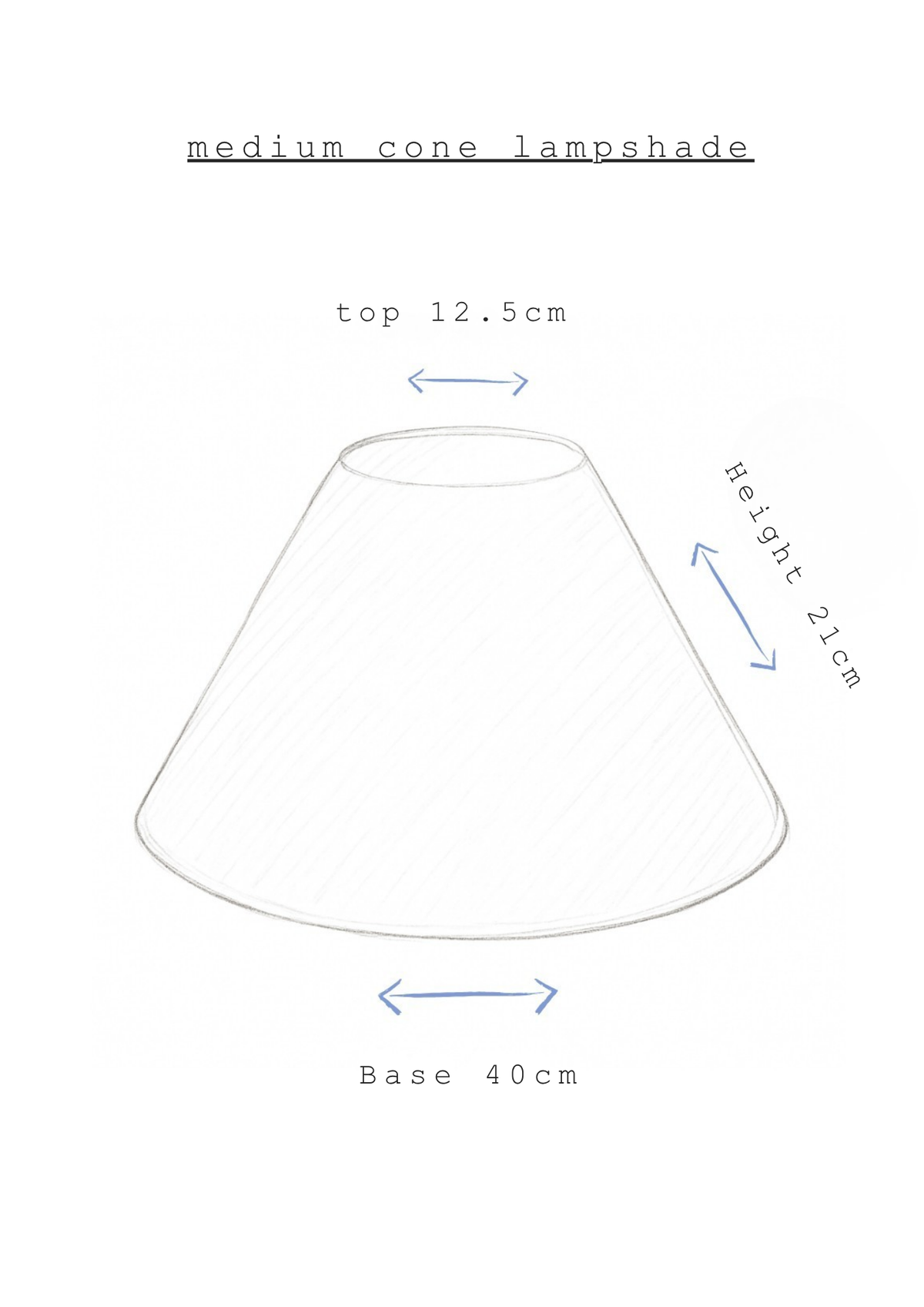 A simple line drawing of a cone-shaped lampshade with labeled dimensions: top 12.5 cm, height 21 cm, and base 40 cm, on a white background.